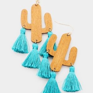 WOOD CACTUS TASSEL DROP EARRINGS - Turquoise